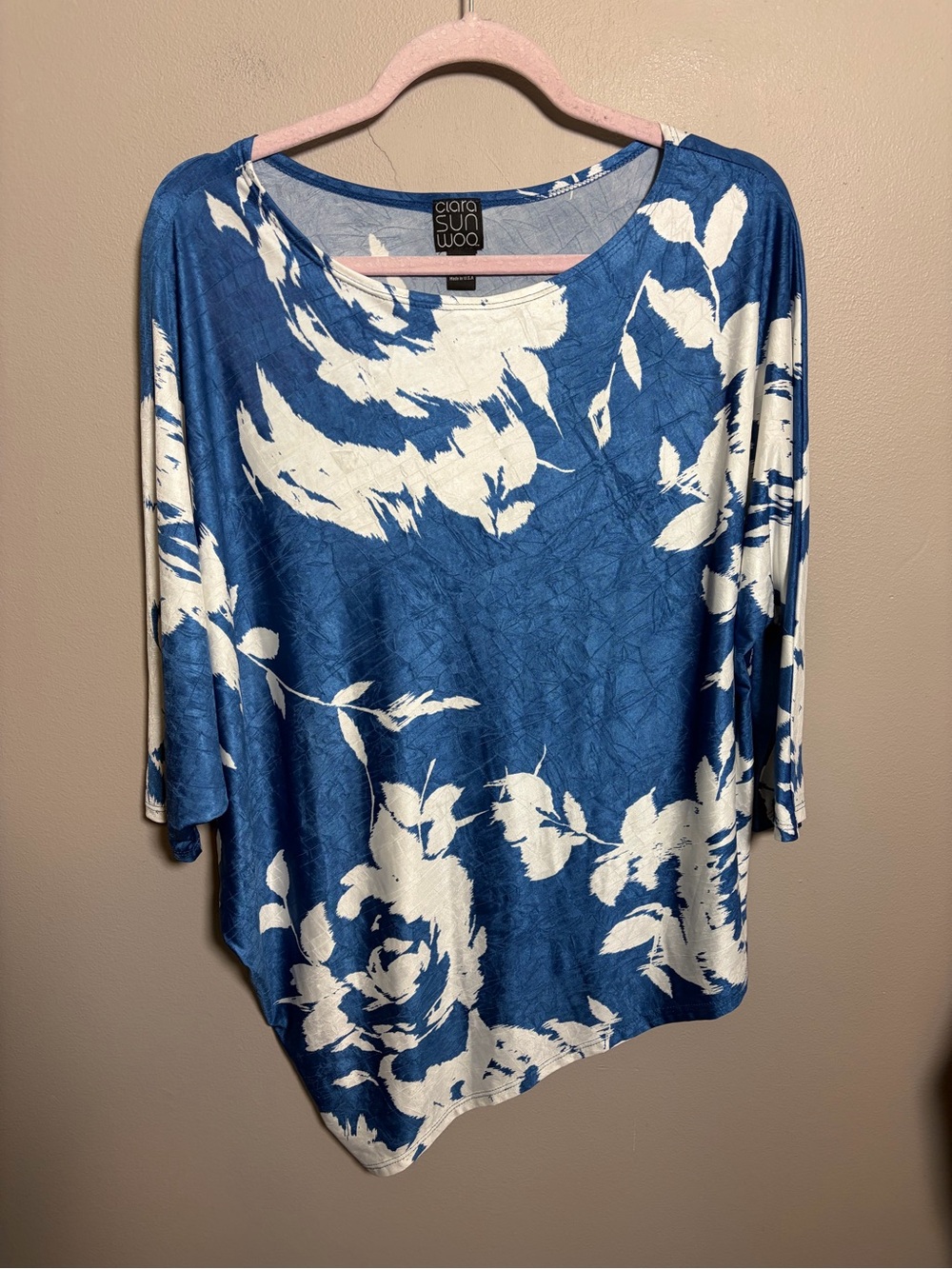 Clara Sun Woo Blue & White Floral Scoop Neck Blouse